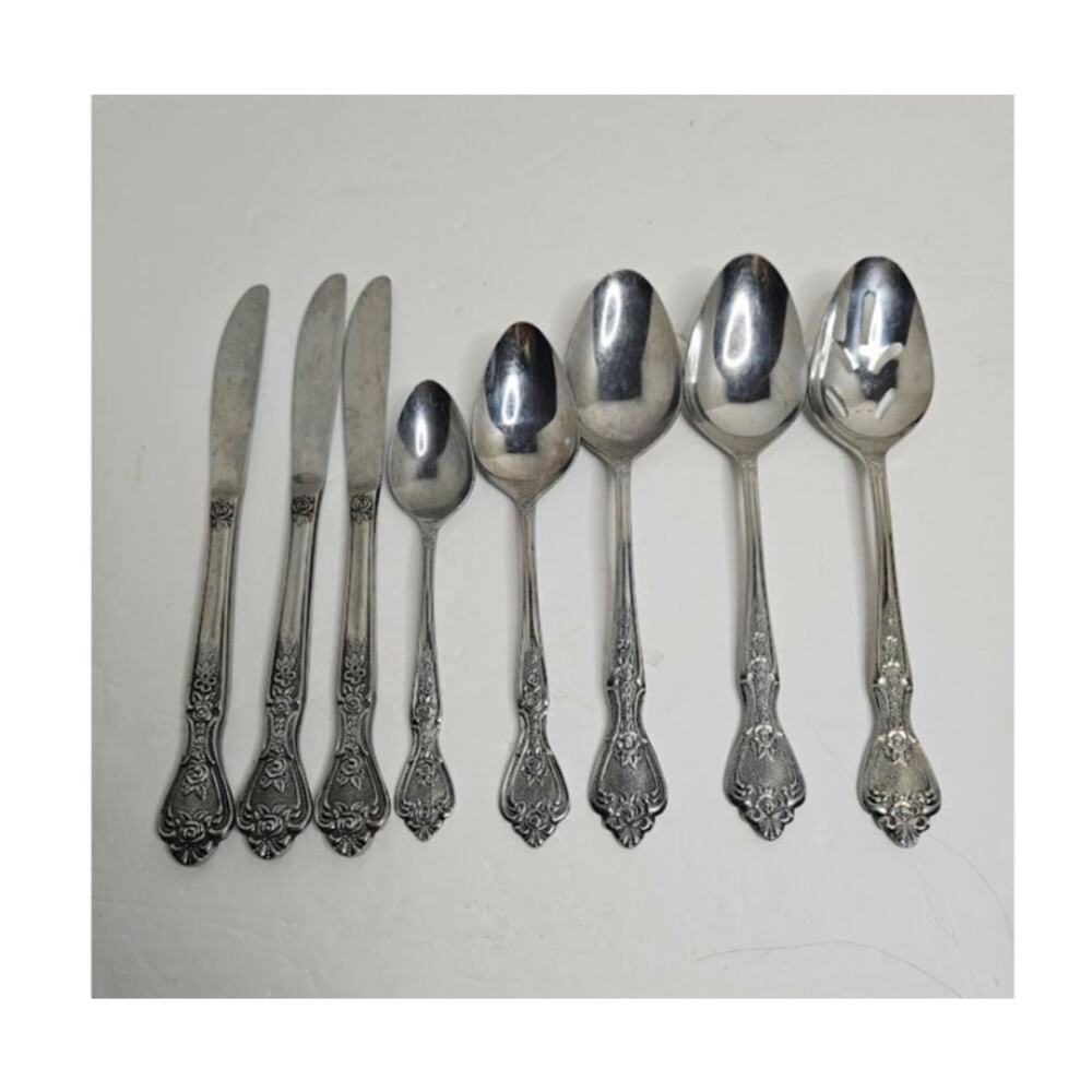 Vintage Normandy Stainless Steel Textured Rose Pattern 8 pieces for collection